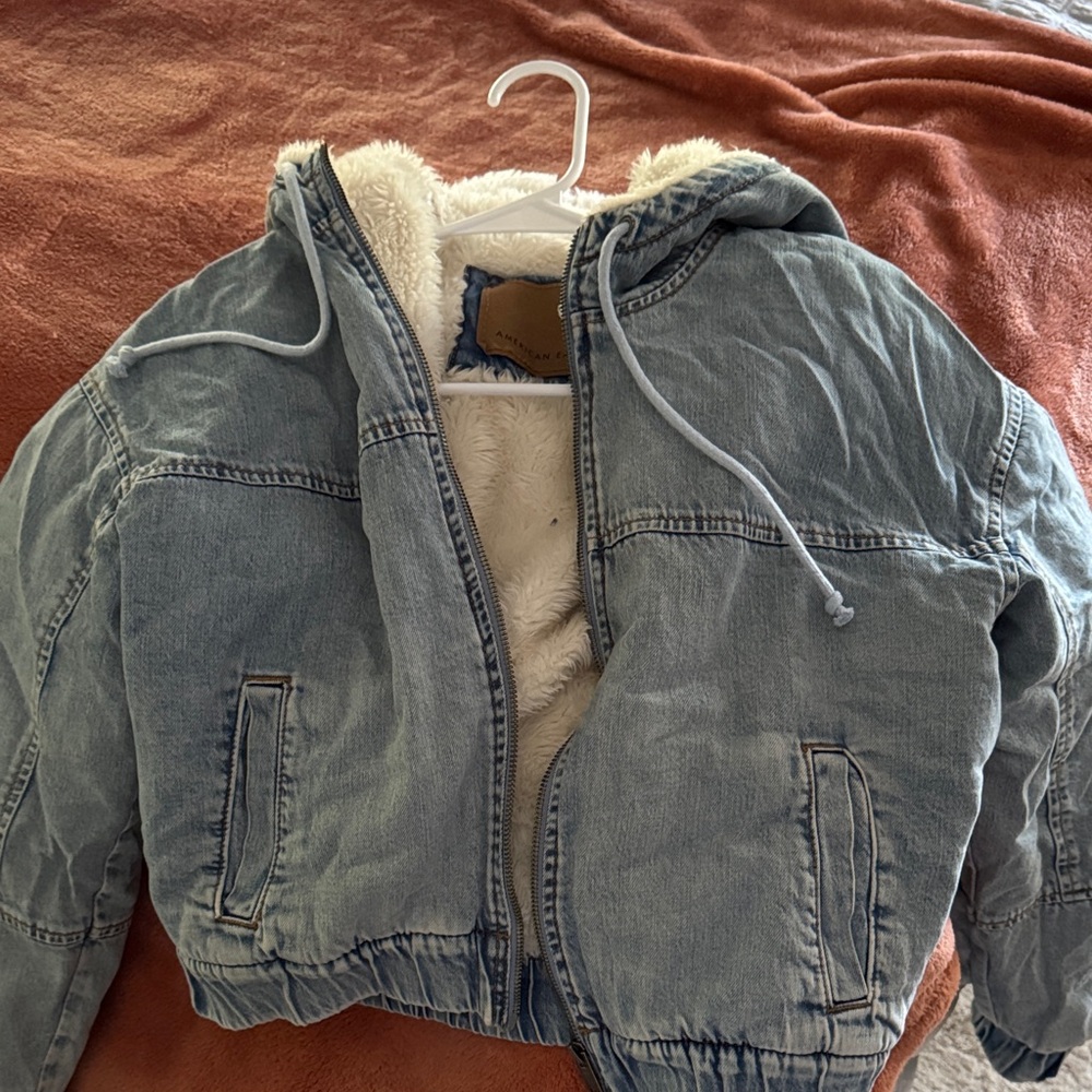 American Eagle Outfitters Blue Jean Jacket with Hood